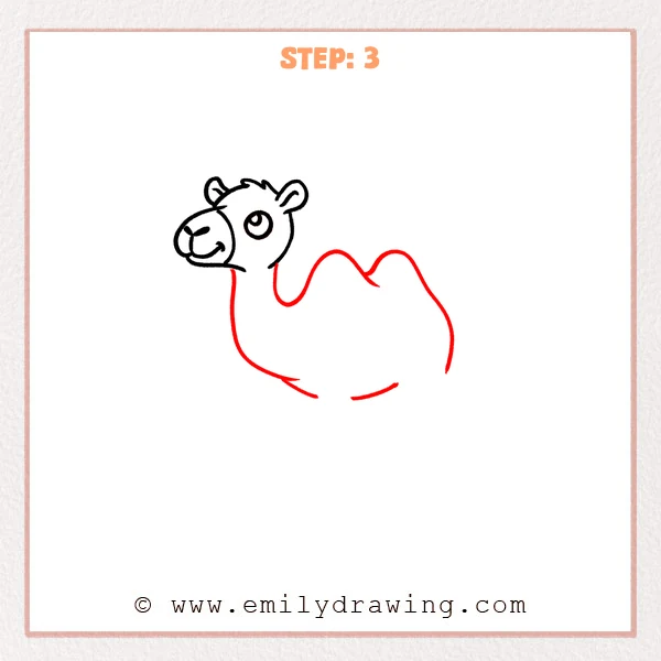 how to draw a cartoon camel - Cartoon camel head now connected to a long neck and a large body outline with two rounded humps and a curved belly line.